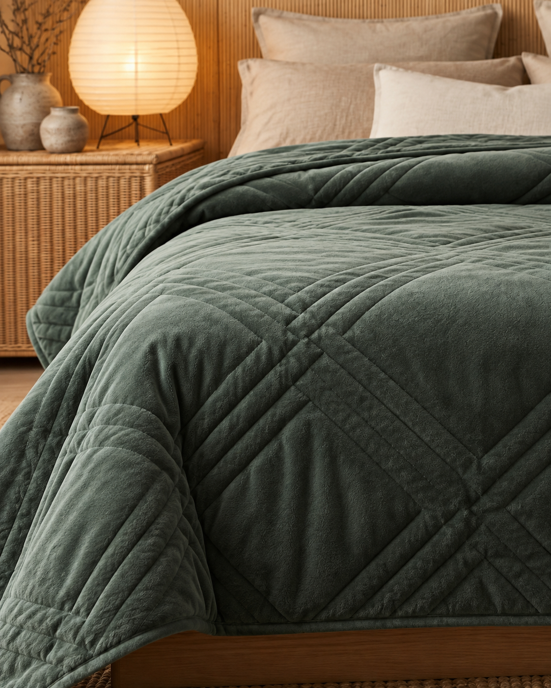 Cama con la blanky + Hibernar verde pino, iluminada por una lámpara de mesita de noche